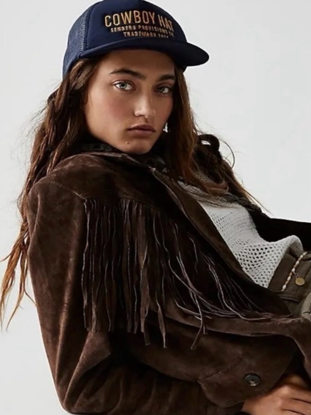 Free People Western Bohemian Cowboy Baseball Trucker Hat Marine Navy NWT HTF